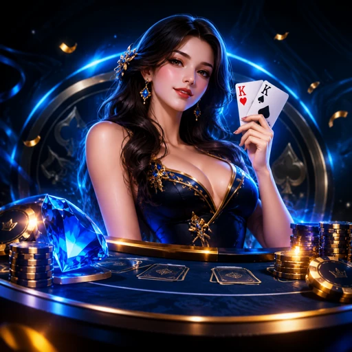 Mesa de bacará ao vivo com cartas na mão do dealer